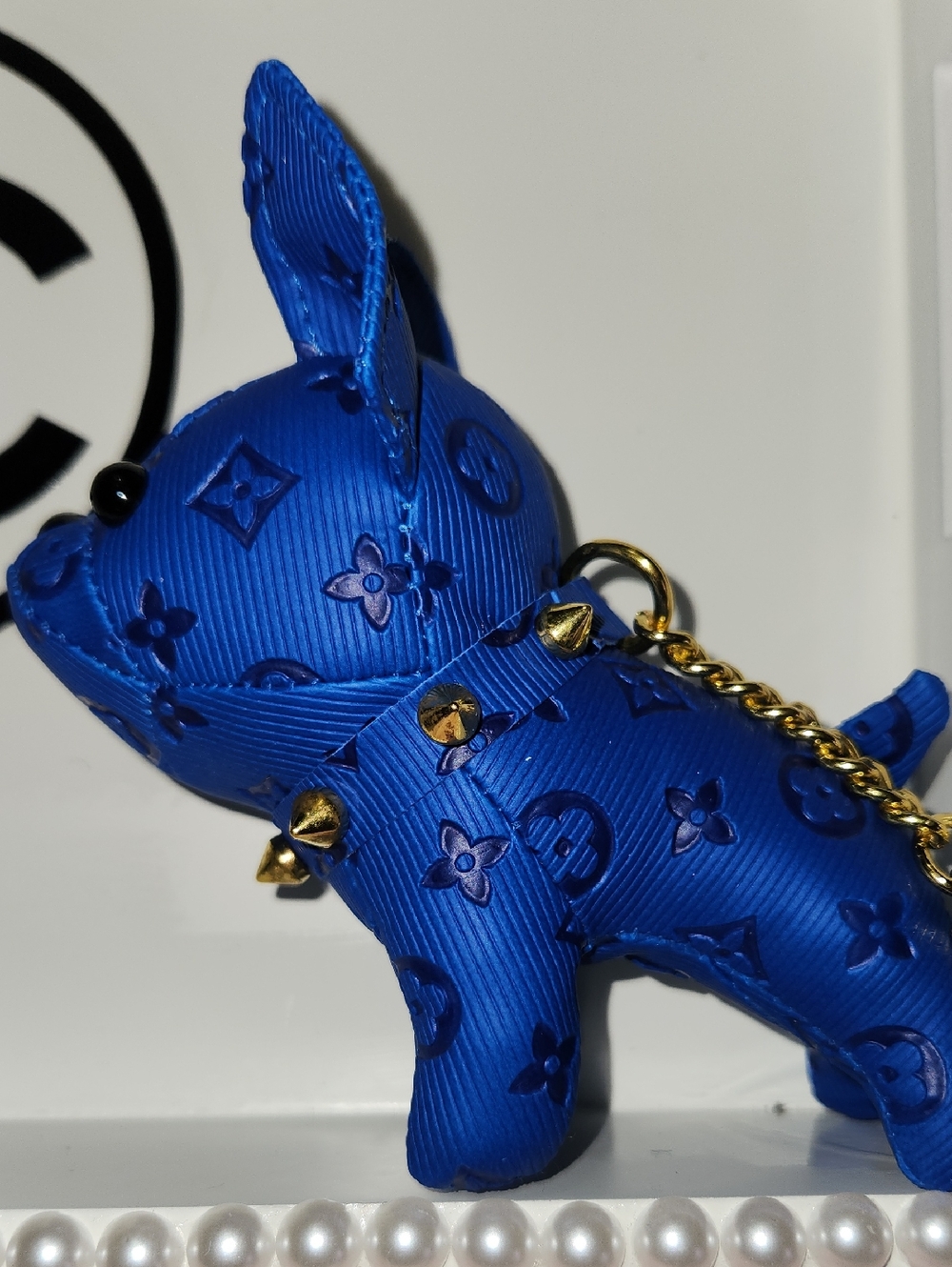 Blue Designer-Inspired Dog Keyring Charm with Gold Studs
